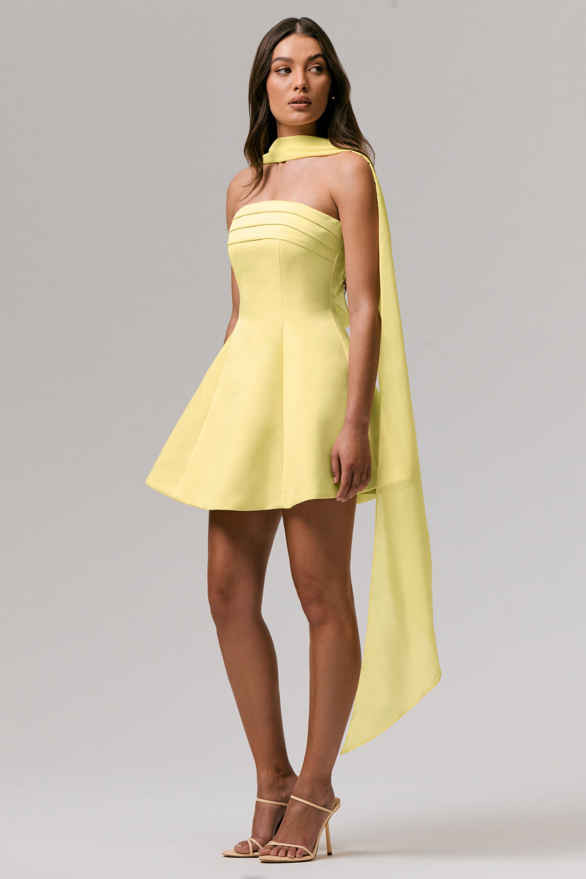 Love Me | Lemon Satin Skater Mini Dress With Chiffon Scarf