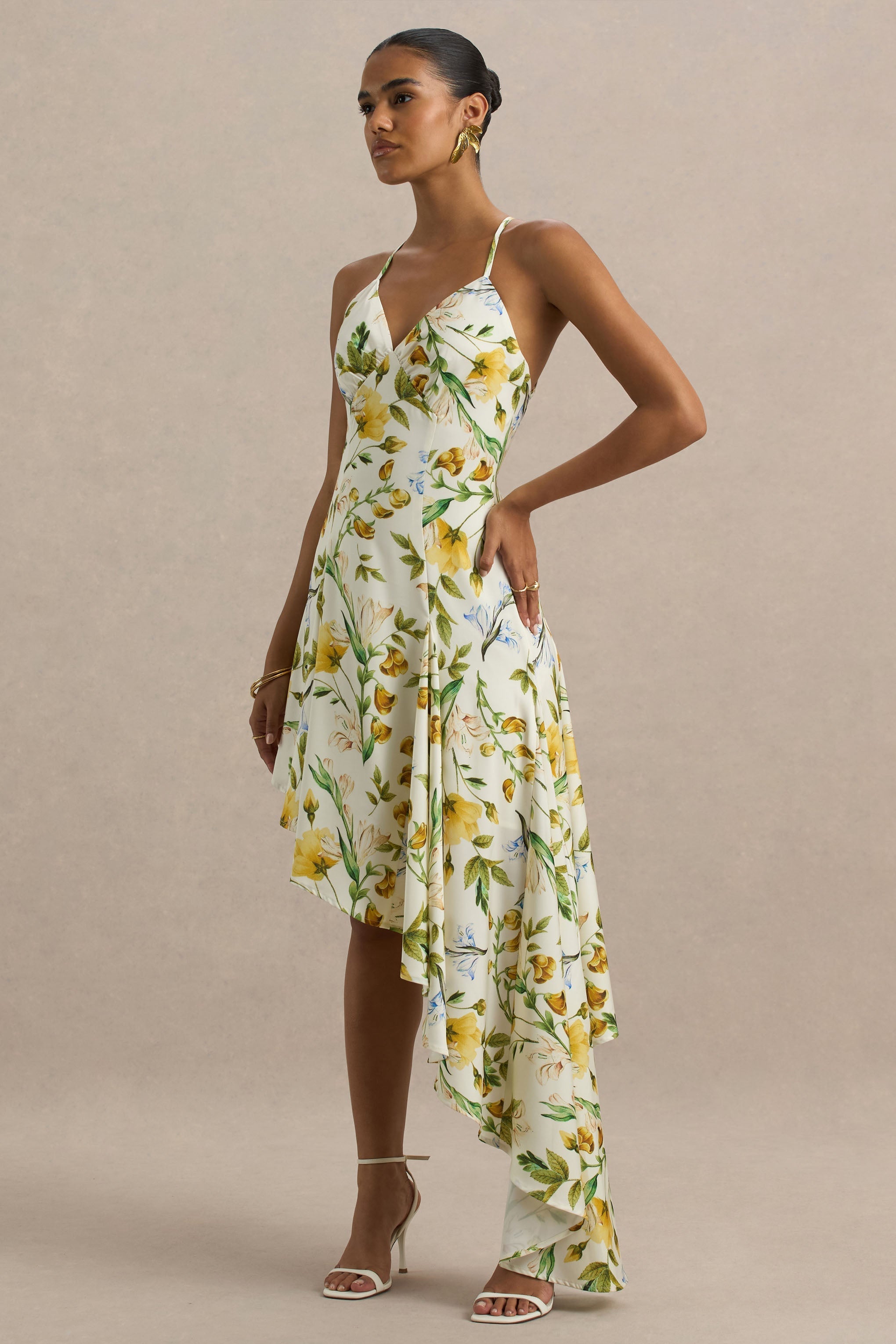 Glint | White Botanical Print Satin Plunge-Neck Maxi Dress With Asymmetric Hem