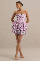 Swirl | Cream Floral Print Bandeau Puffball Mini Dress With Ruffle Detail