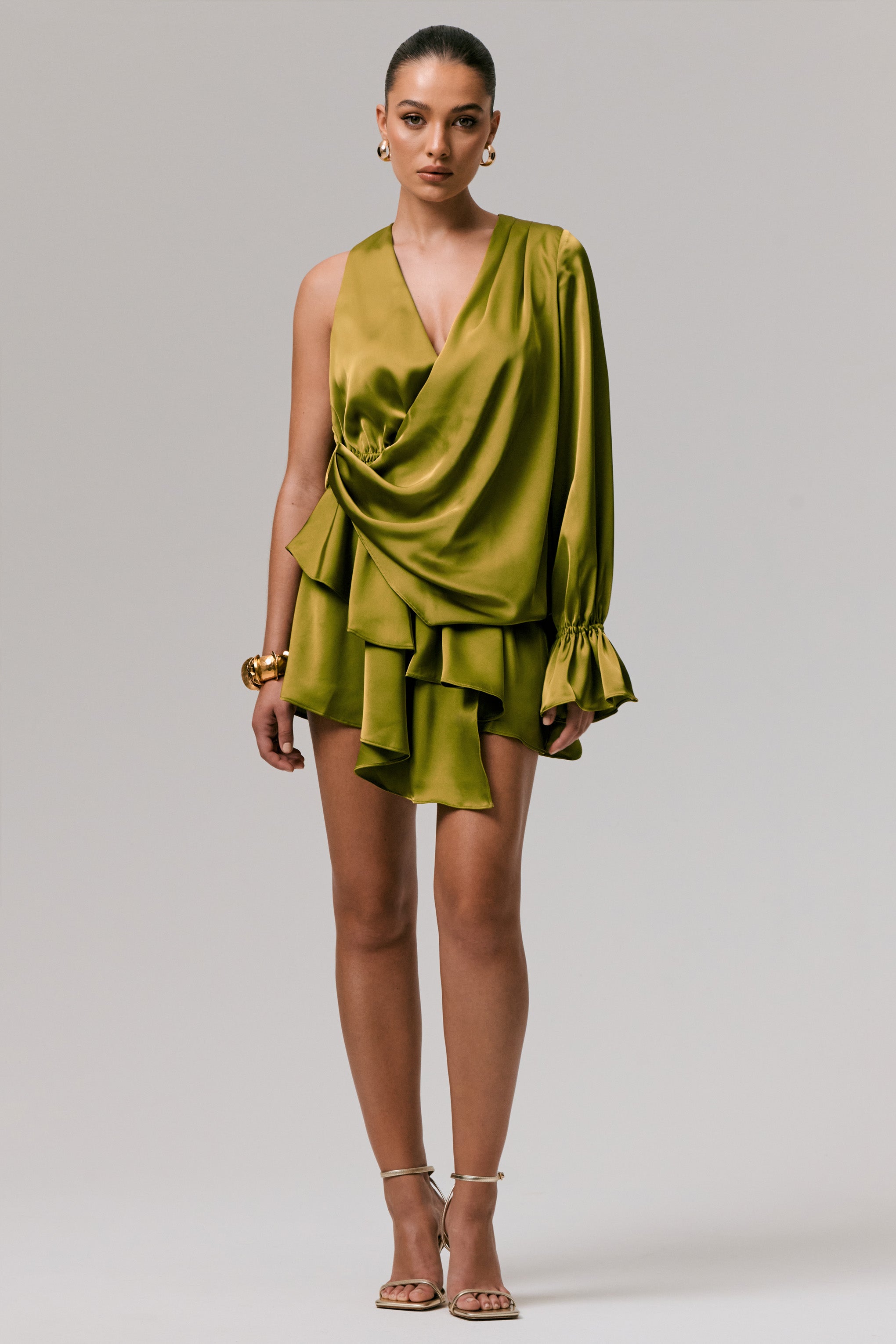 Cara | Olive Satin Plunge-Neck Micro-Mini Dress With Long Sleeve