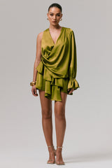 Cara | Olive Satin Plunge-Neck Micro-Mini Dress With Long Sleeve