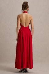 Cynthia | Red High-Neck Maxi Dress With Volume Skirt