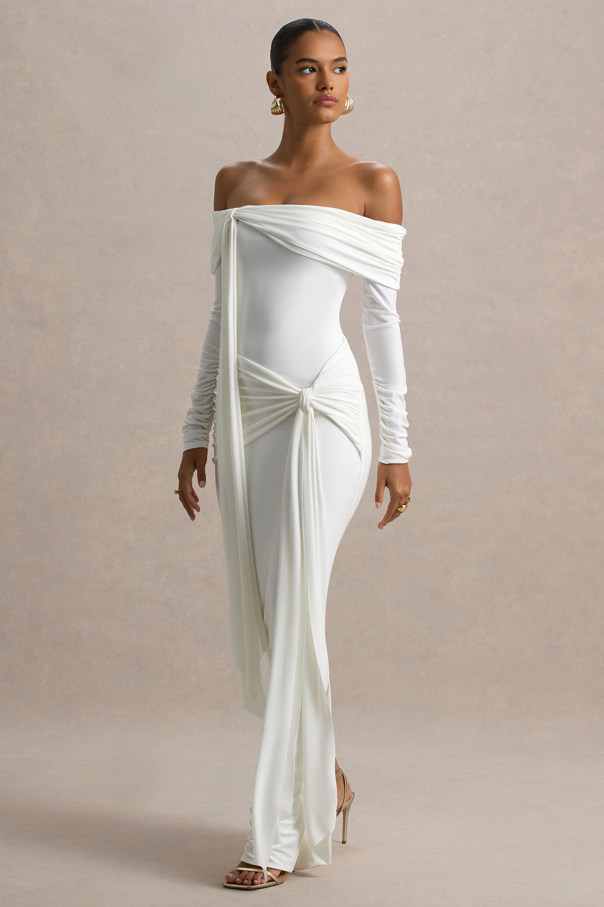 Jovie | White Bardot Wrap Maxi Dress With Sash Detail