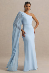 Athens | Powder Blue Asymmetric-Neck Maxi Dress With Cape Sleeve Detail