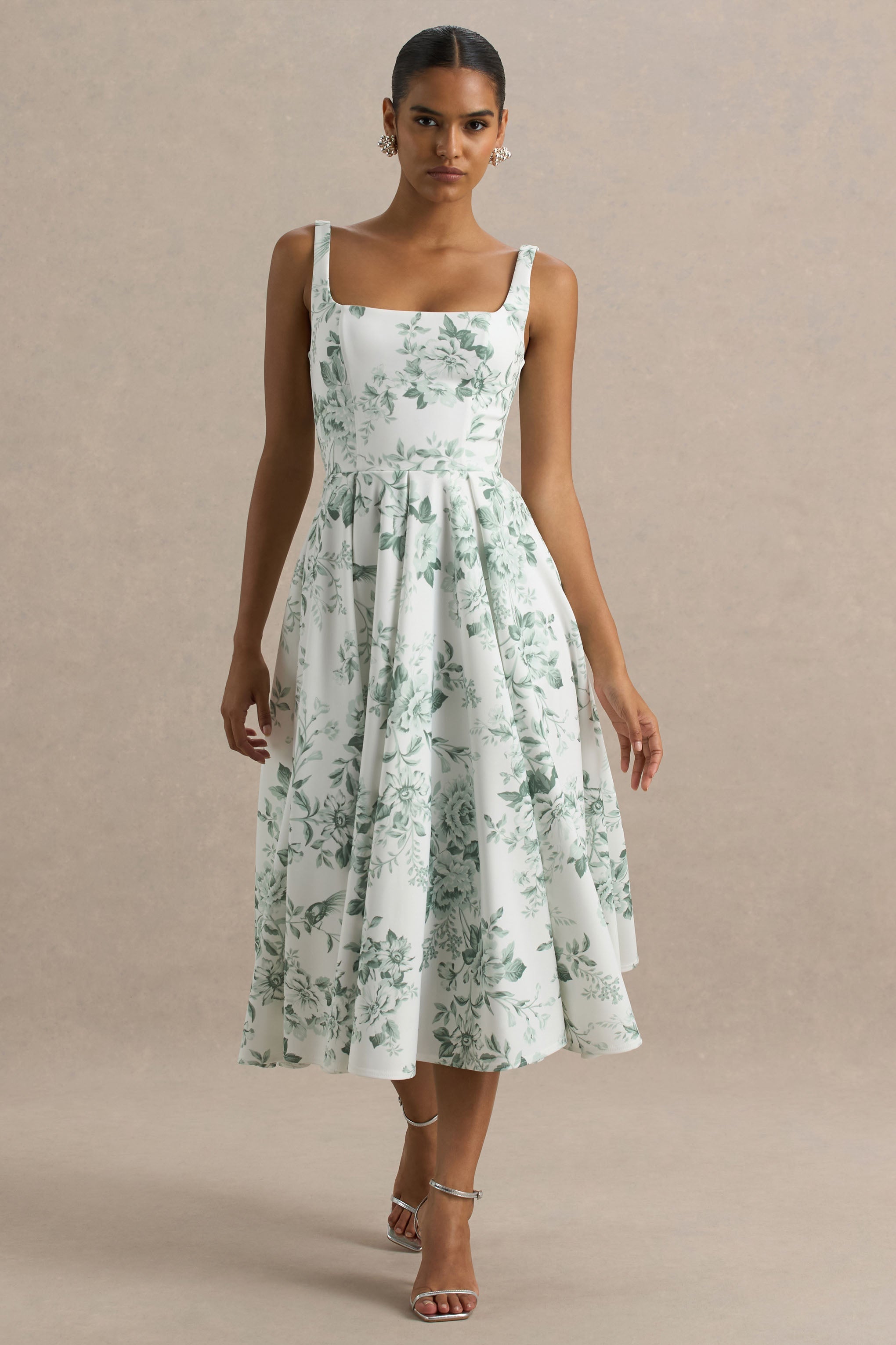 Lissa | Green Porcelain Print Square-Neck Midi Dress