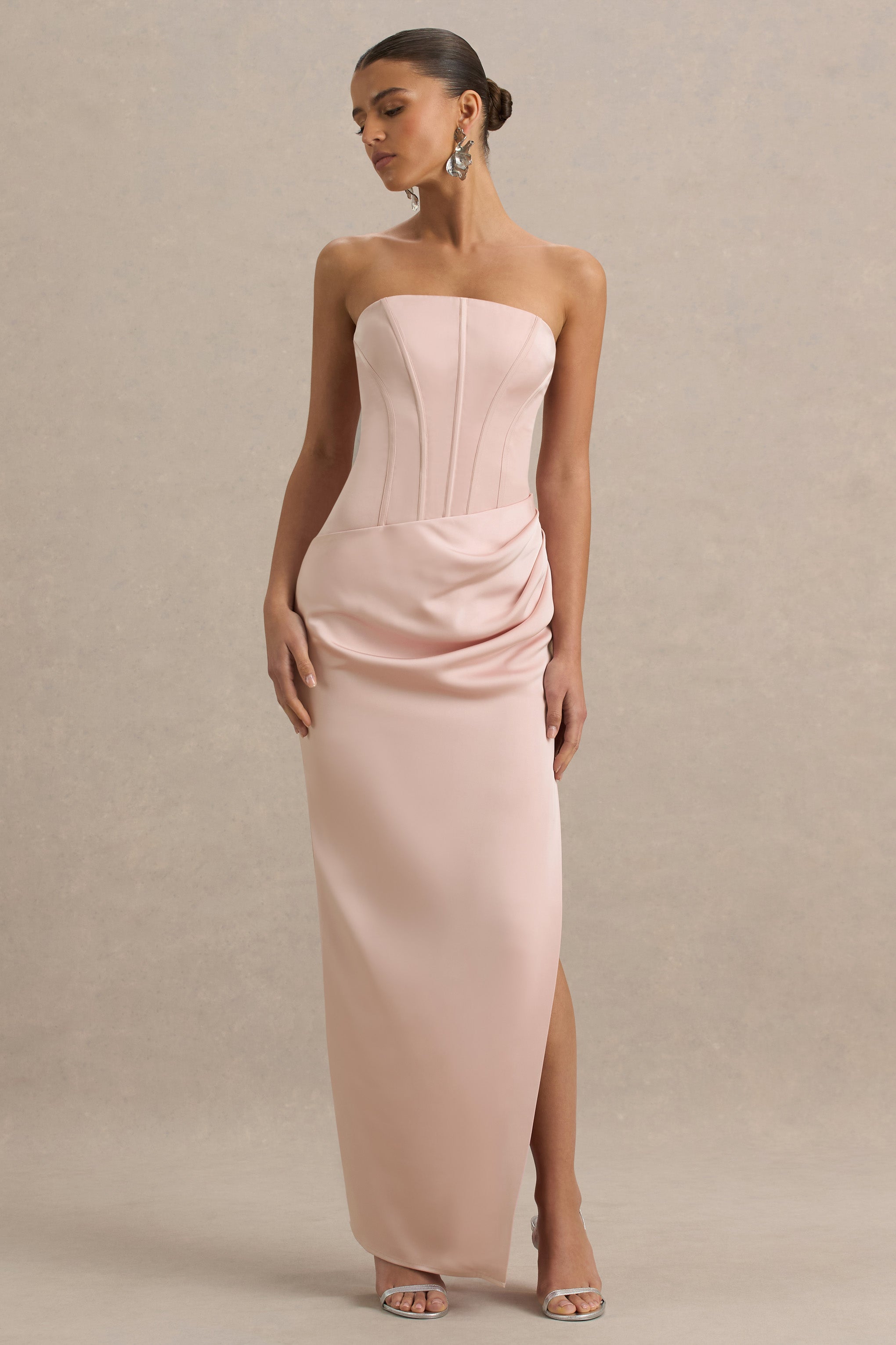 Joseline | Pale Pink Satin Corset Wrap Maxi Dress With Scarf