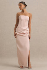Joseline | Pale Pink Satin Corset Wrap Maxi Dress With Scarf