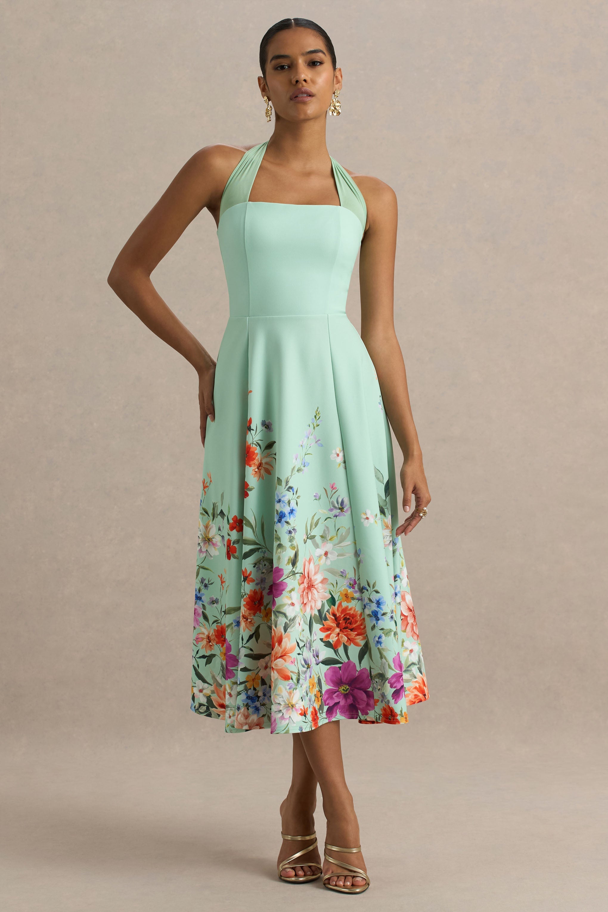 Auburn | Mint Placement Floral Halter-Neck Midi Dress