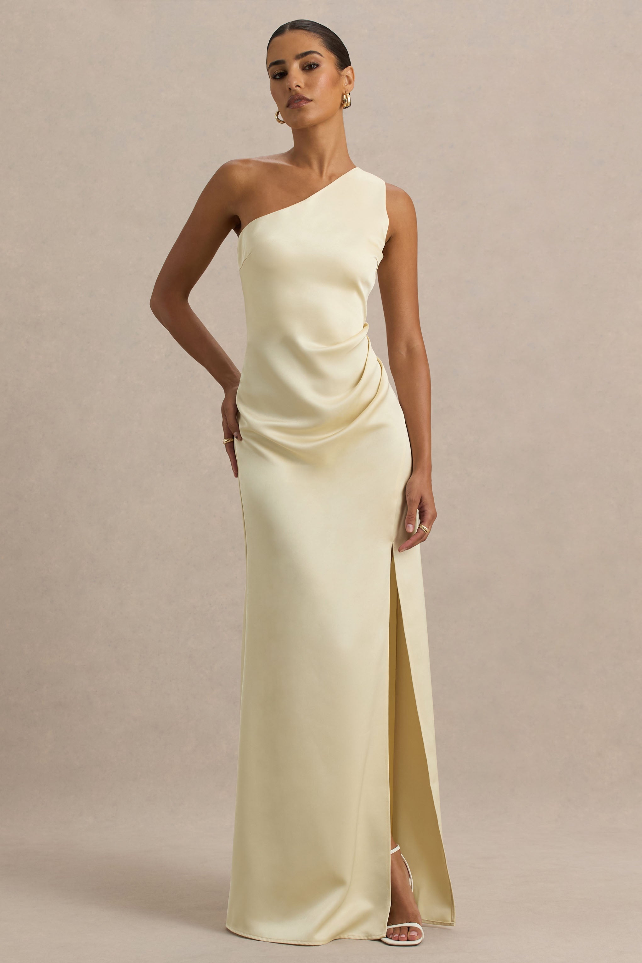 Beth | Lemon Asymmetric Neckline High-Split Maxi Dress