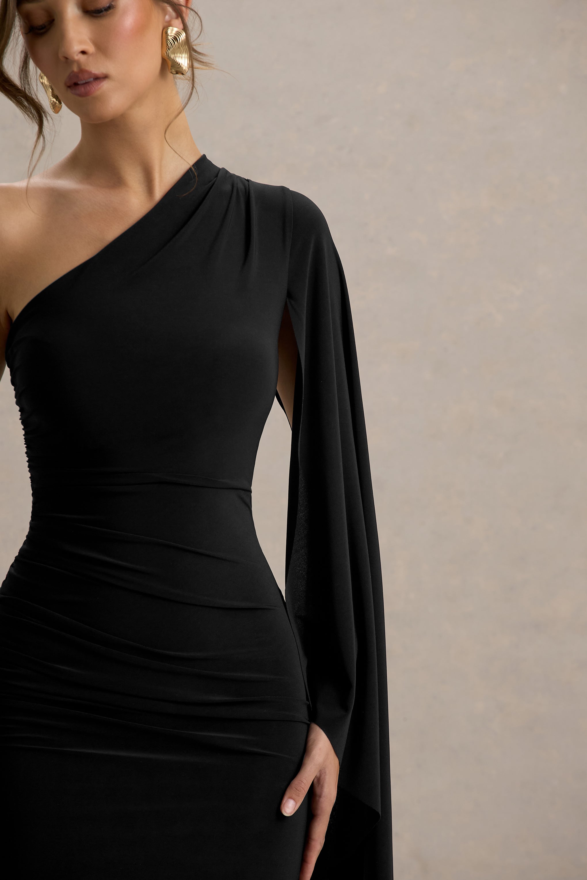 Clementina | Black Asymmetric Cape Sleeve Maxi Dress