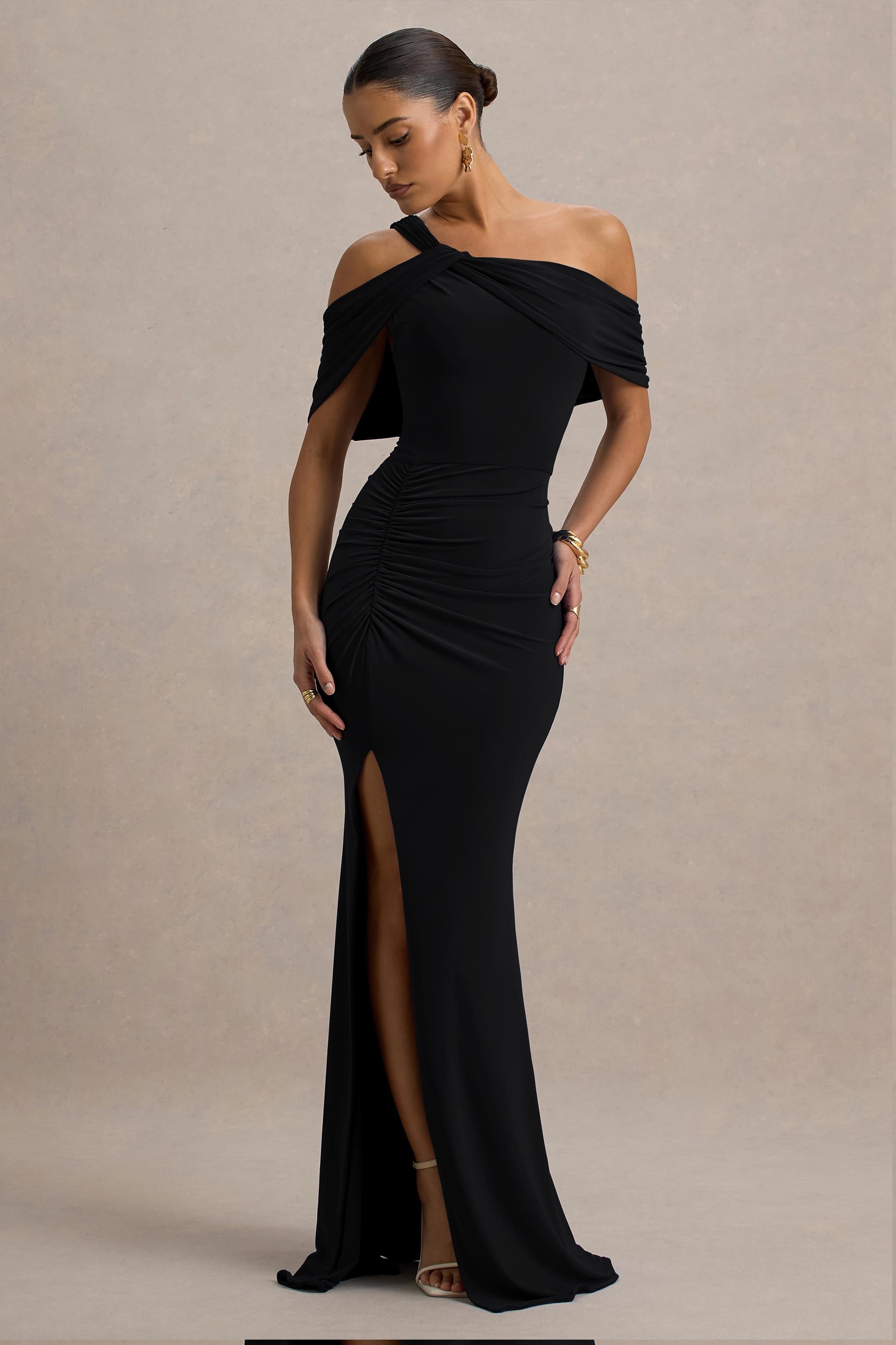 Nala | Black Asymmetric Maxi Dress With Split
