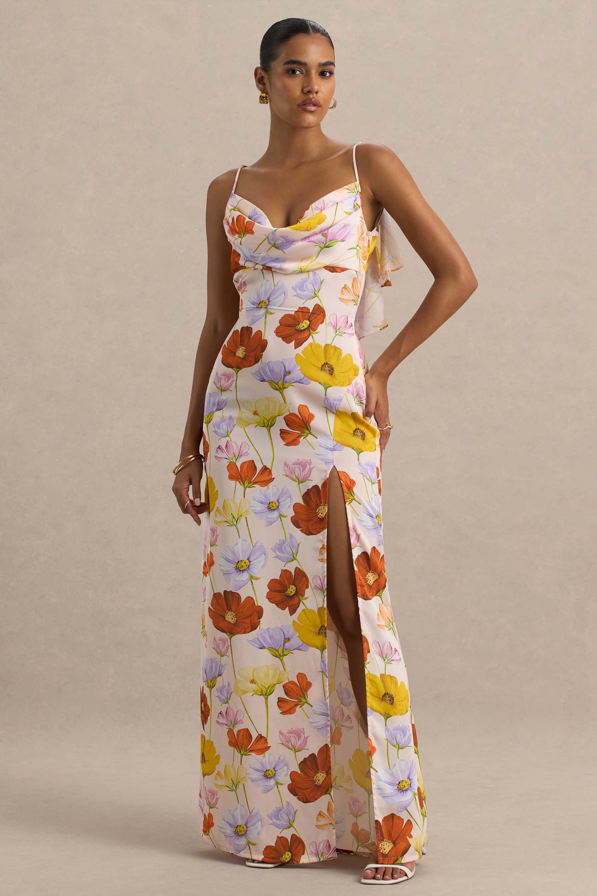 Thames | Bright Floral Print Satin Cowl-Neck Maxi Dress