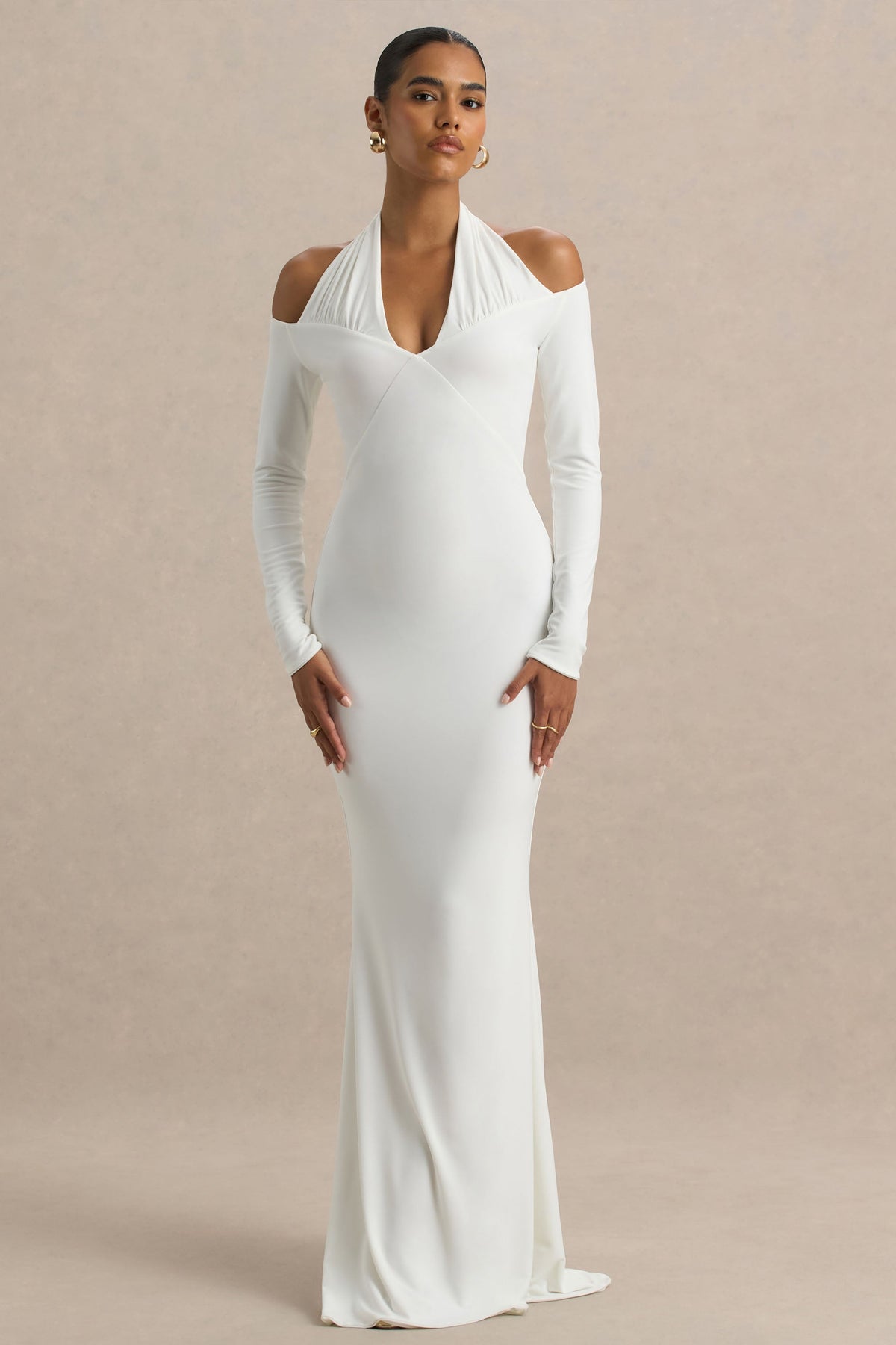 Living High | White Halter-Neck Maxi Dress With Long Sleeves