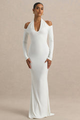 Living High | White Halter-Neck Maxi Dress With Long Sleeves