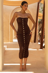 Spontaneity | Brown Bandeau Ruched Midi Dress