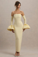 Myah | Lemon Bandeau Long-Sleeve Maxi Dress With Puff Cuffs