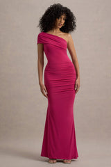 Alethea | Hot Pink Asymmetric Bardot Maxi Dress