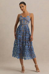 Zuri | Blue Lace Sweetheart Midi Dress With Cami Straps