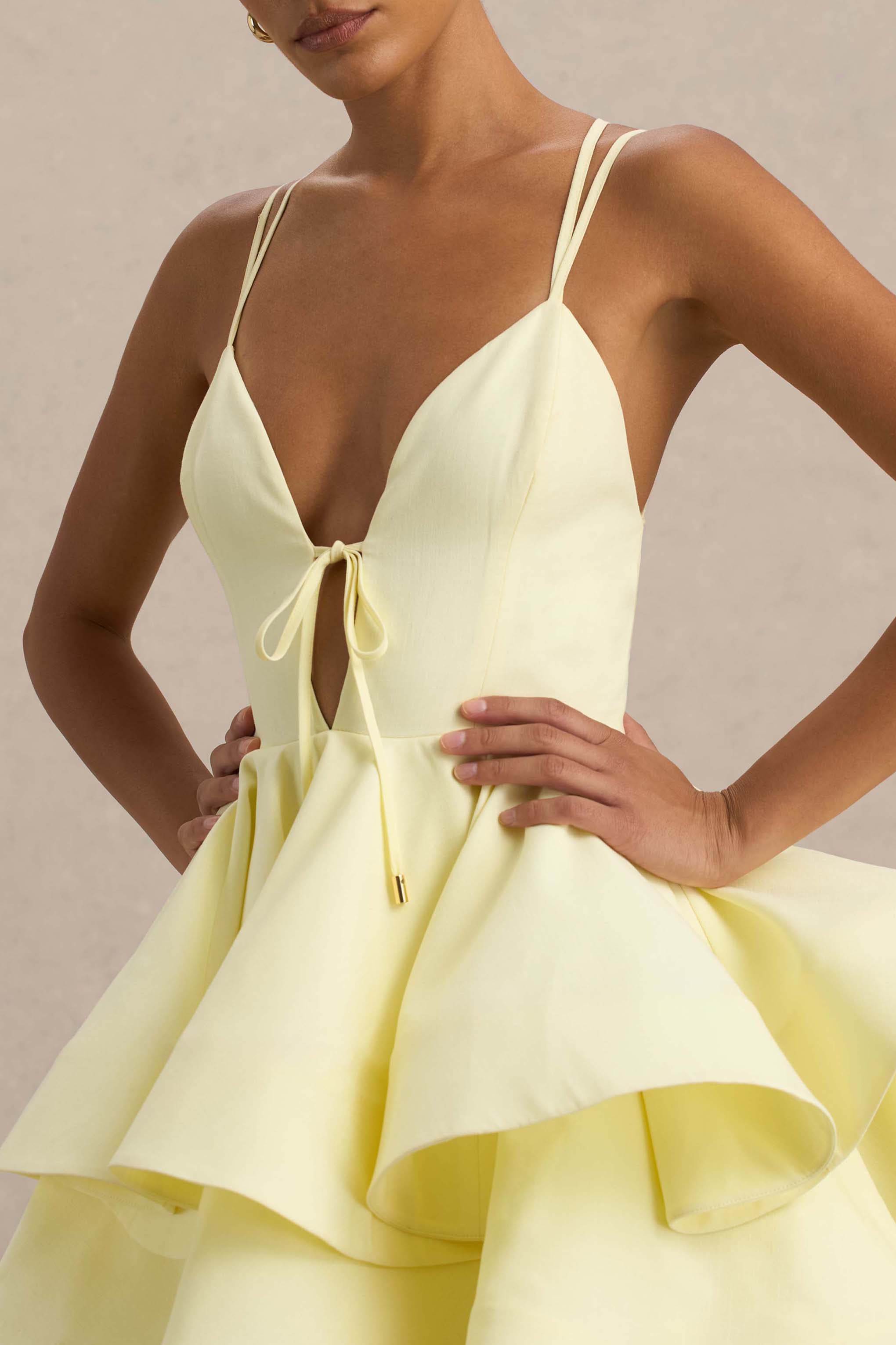 Flavia | Lemon Linen Plunge-Neck Ruffled Skater Micro-Mini Dress