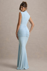 Graziana | Powder Blue High-Neck Gathered Draped Maxi Dress