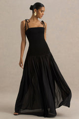 Maeva | Black Square-Neck Fishtail Maxi Dress With Ruched Detailing