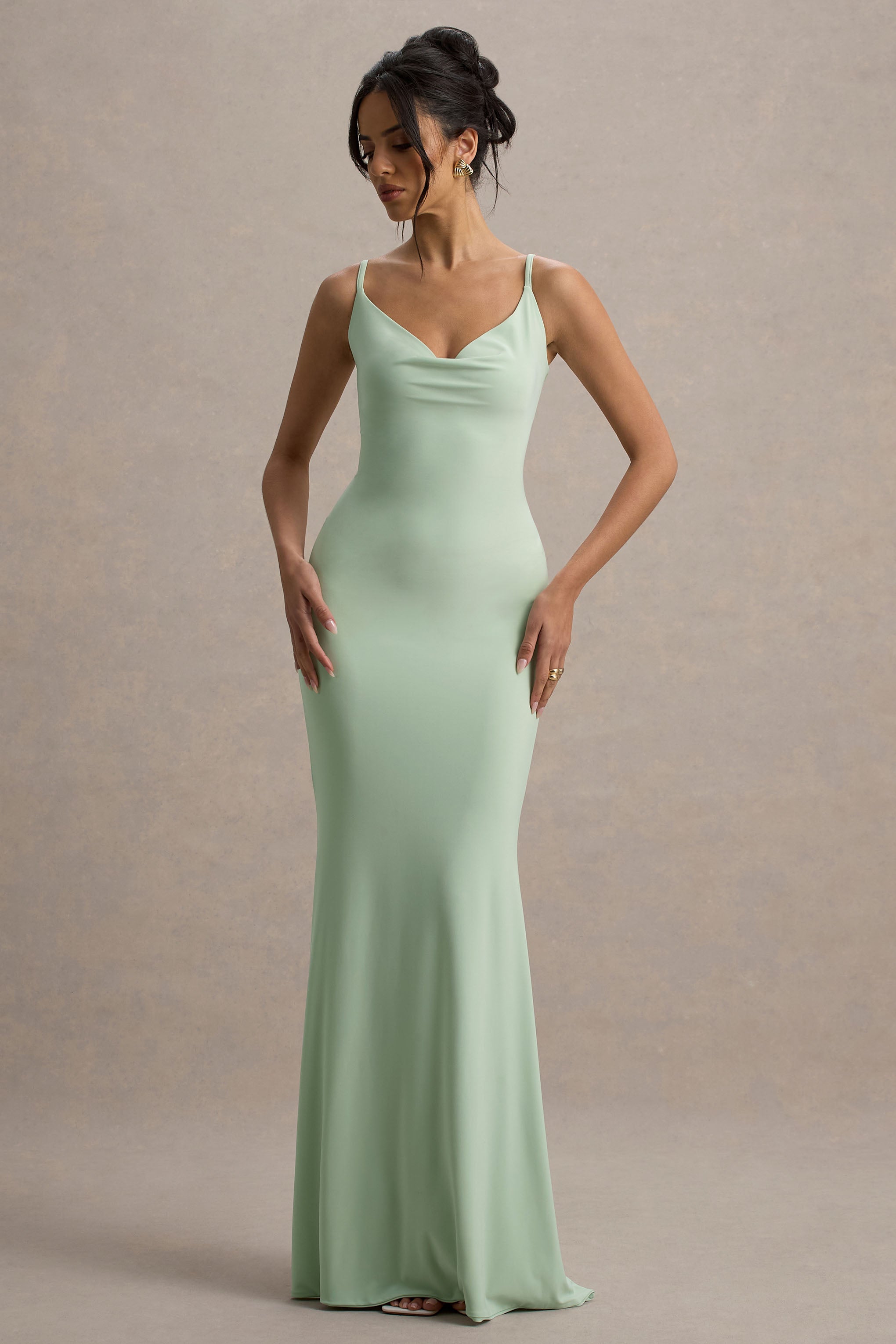 Francoise | Light Green Cowl Neck Backless Maxi Dress With Lace Insert