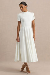 Vicky | White High Neck Midi Dress With Puff Sleeves