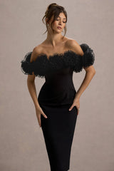 Alizzi | Black Bardot Midi Dress With Ruffle Trim