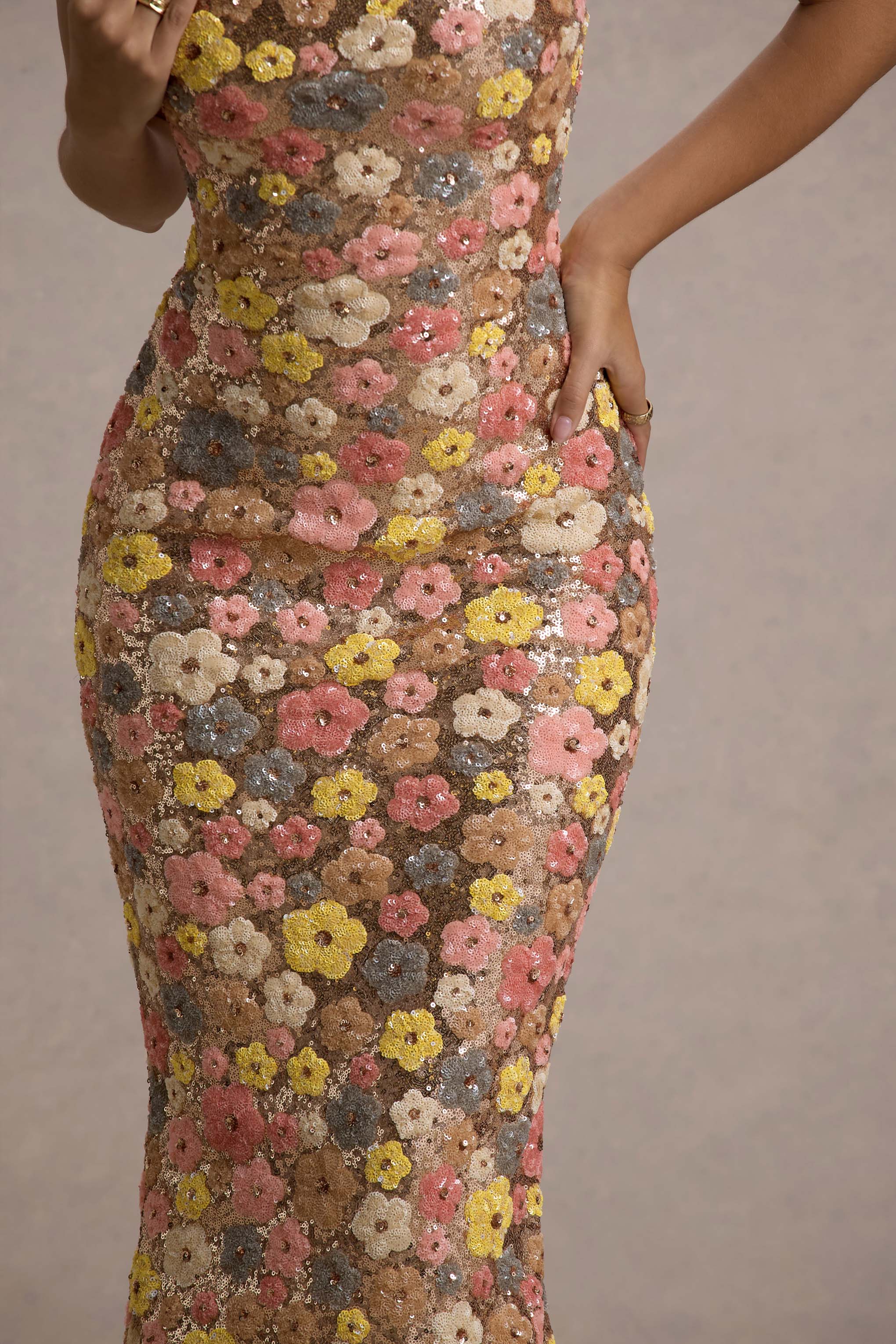 Vitora | Pastel Floral Print Sequin Square-Neck Maxi Dress