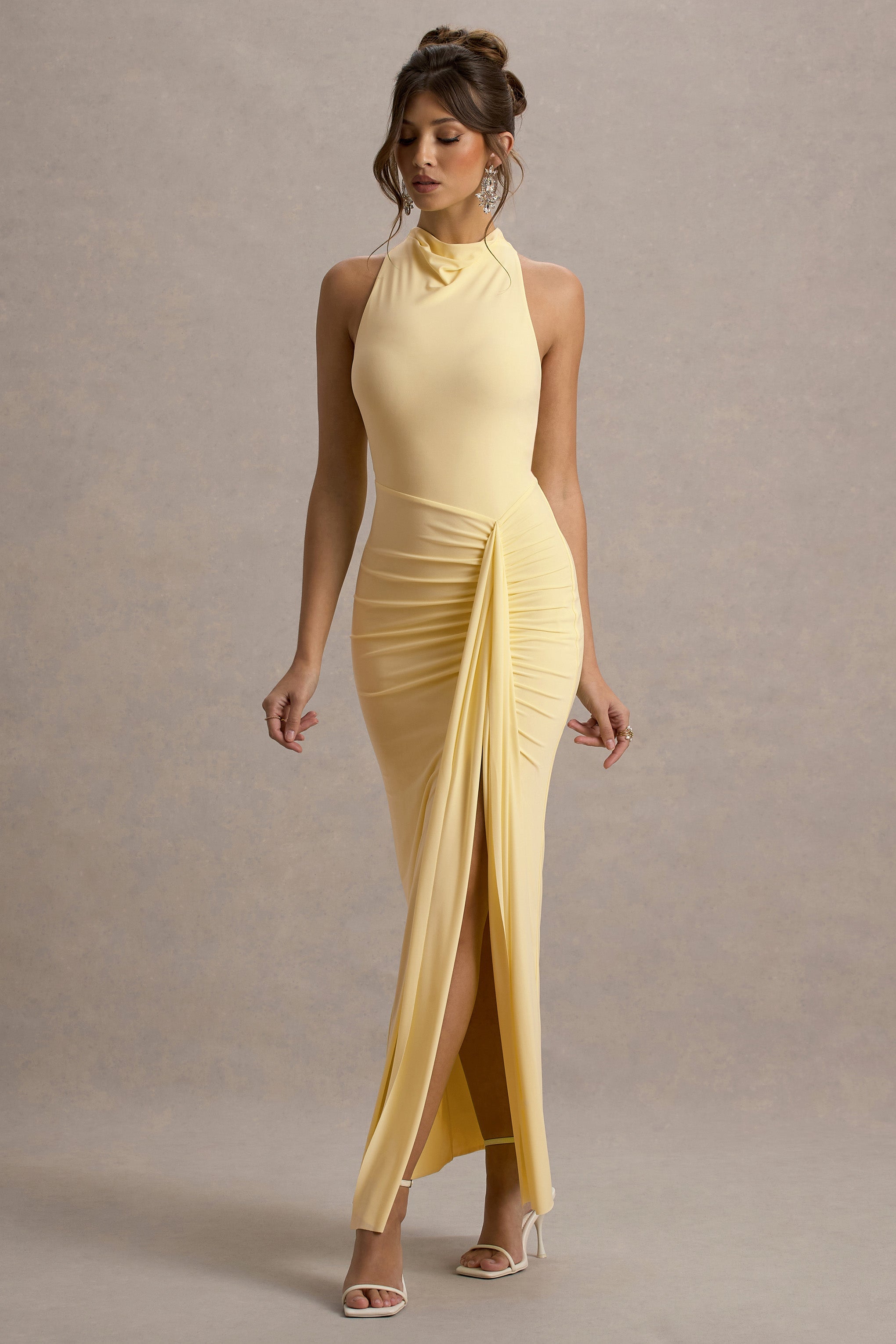 Sunflower | Pale Lemon Ruched High-Neck Split Maxi Dress