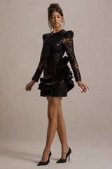 Myka | Black Sequin Long-Sleeve Ruffle Hem Mini Dress