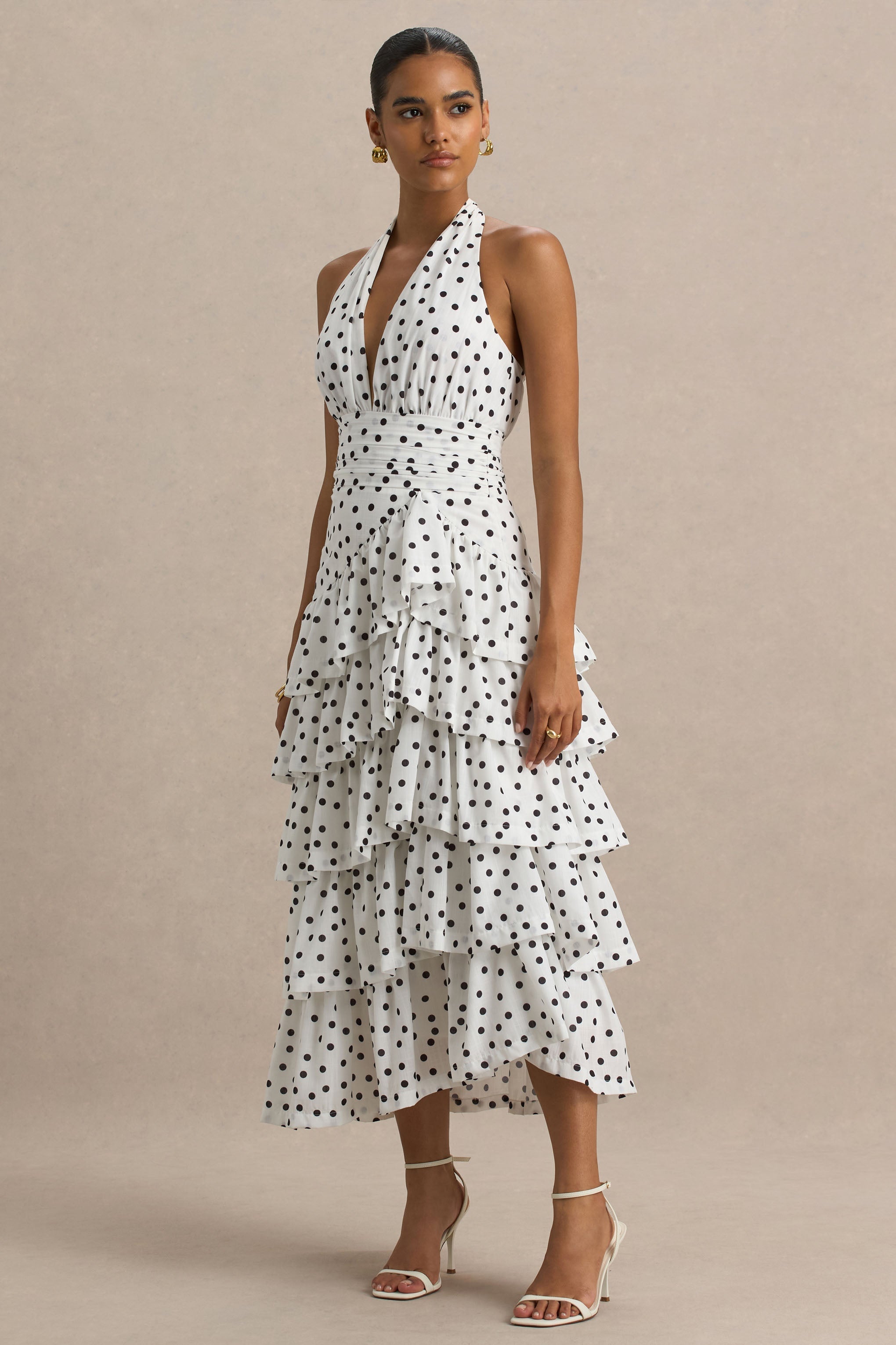 Violet | White Polka Dot Linen Midi Dress With Halter-Neck and Ruffled Skirt