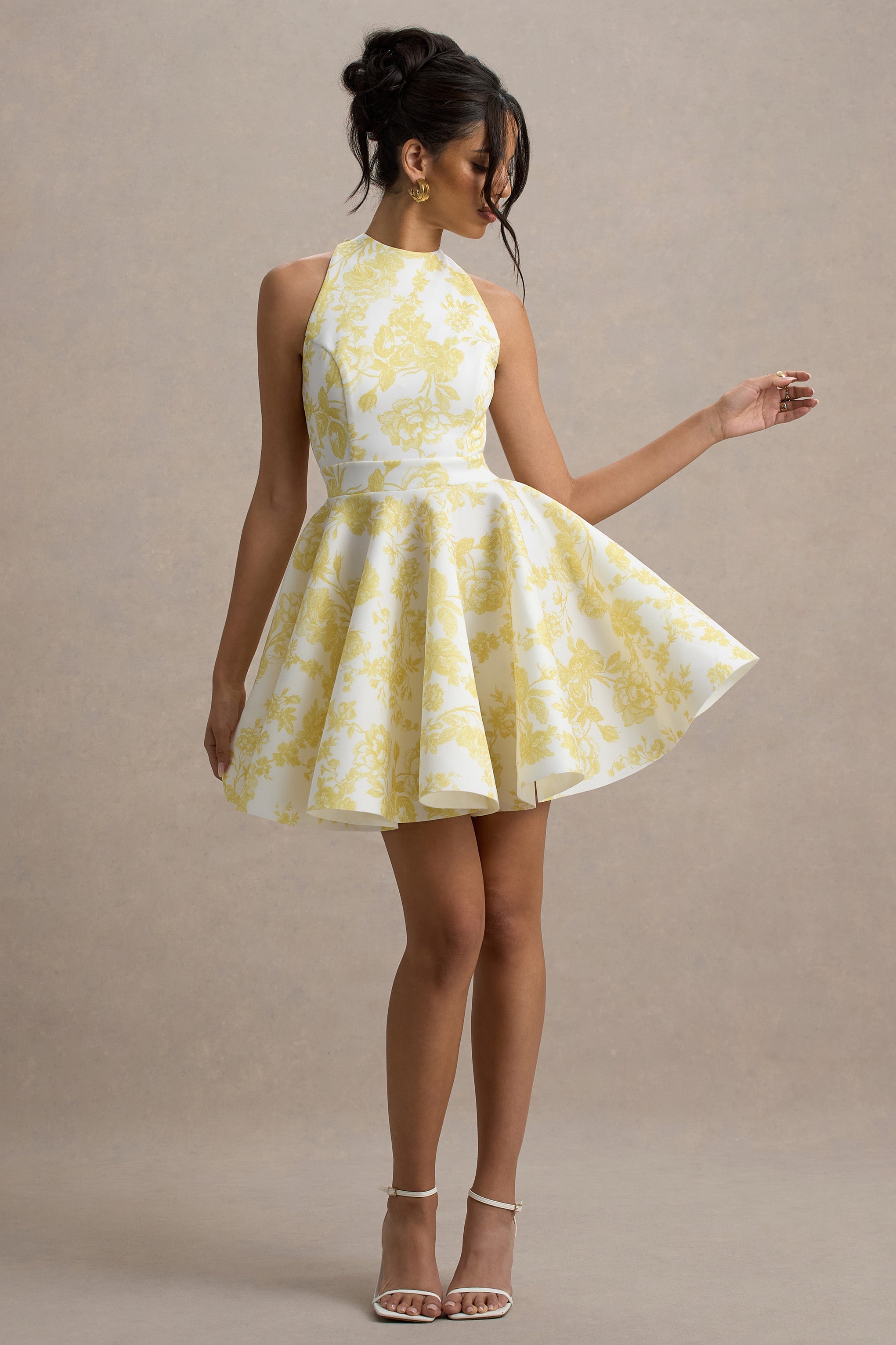 Waverly | Yellow Porcelain Print Racer-Neck Sleeveless Skater Mini Dress