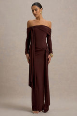 Jovie | Brown Bardot Wrap Maxi Dress With Sash Detail