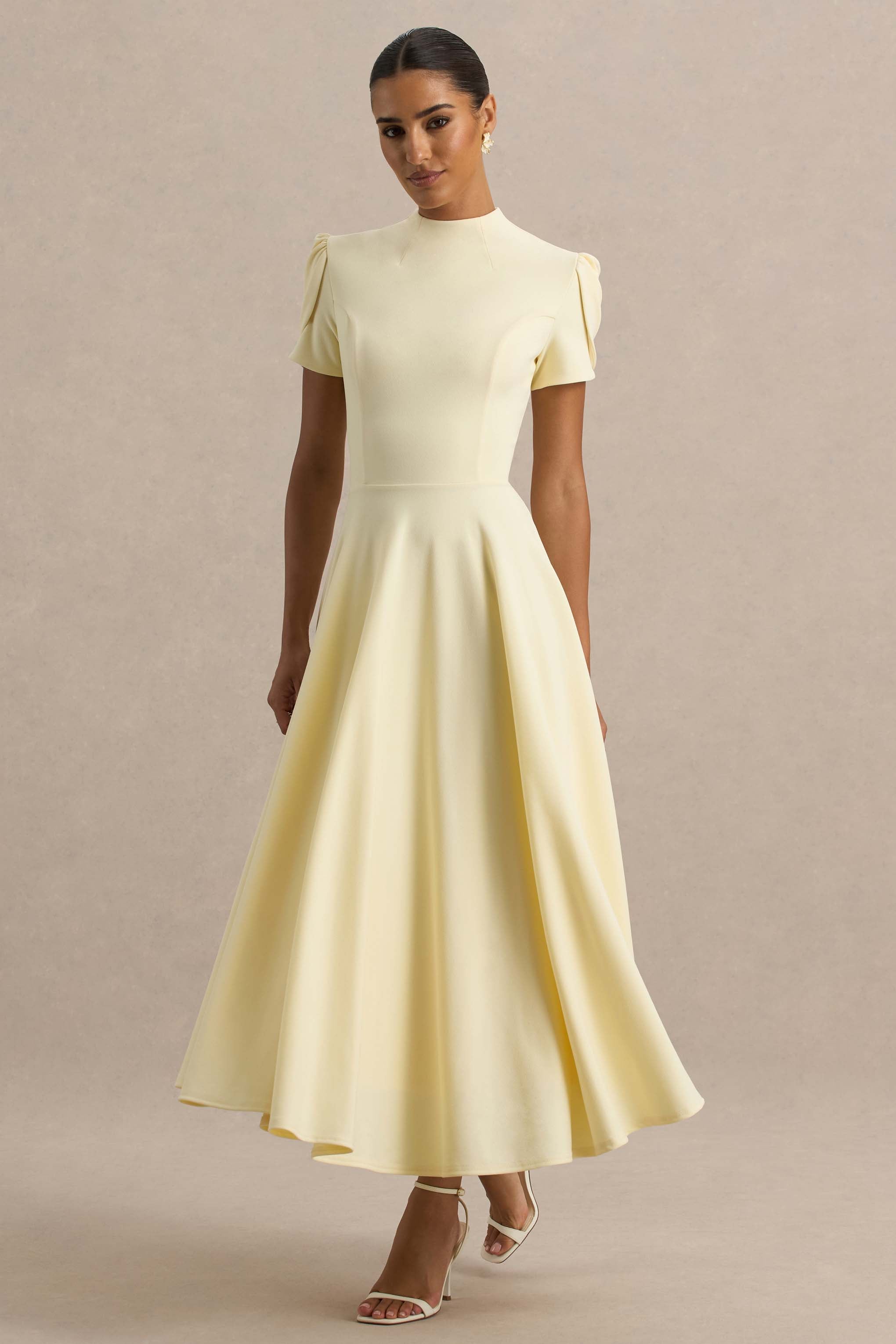 Vicky | Lemon High Neck Midi Dress With Puff Sleeves