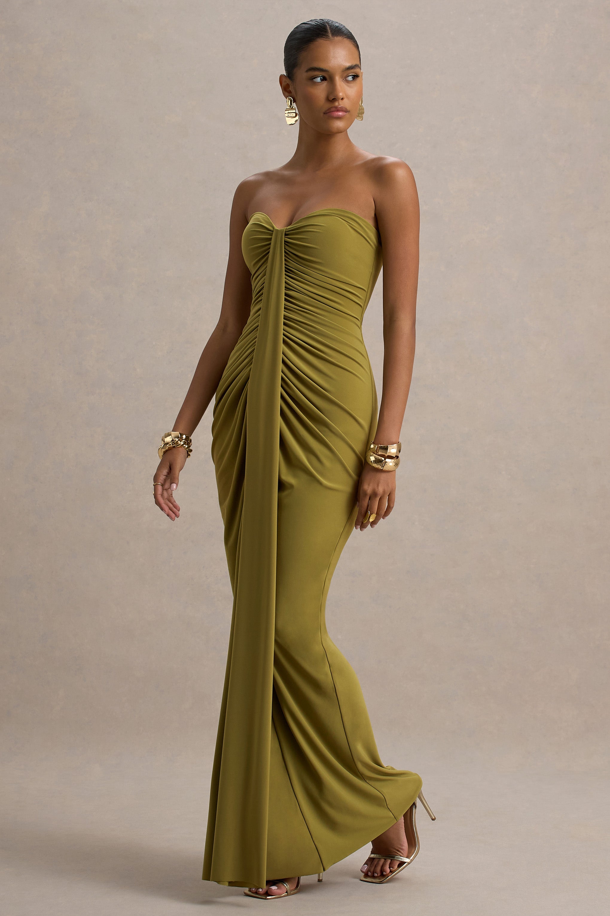Ali | Olive Sweetheart Ruched Wrap Maxi Dress