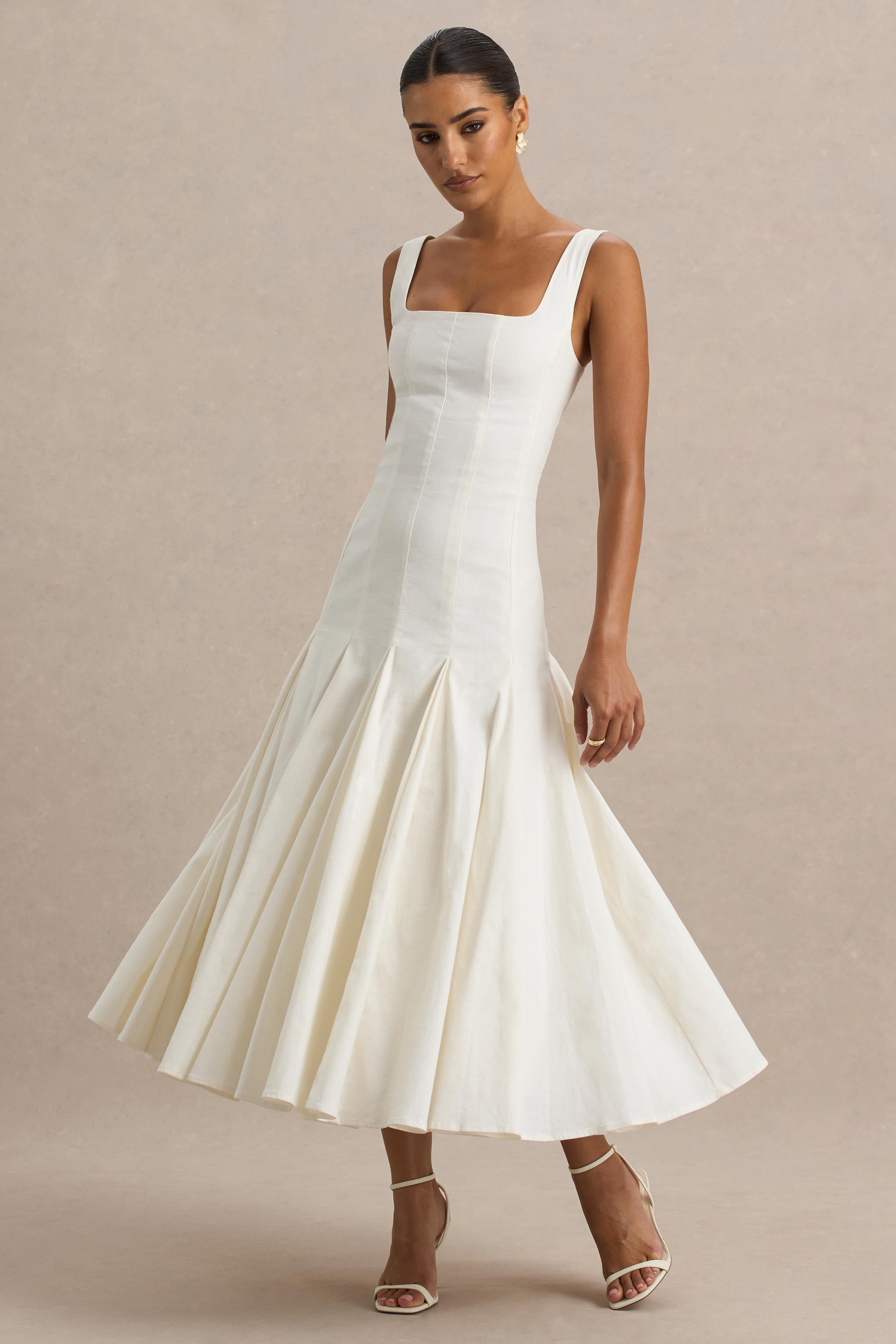 Magnolia | White Scoop-Neck Midi Dress With Drop-Waist And Ruffling Detail