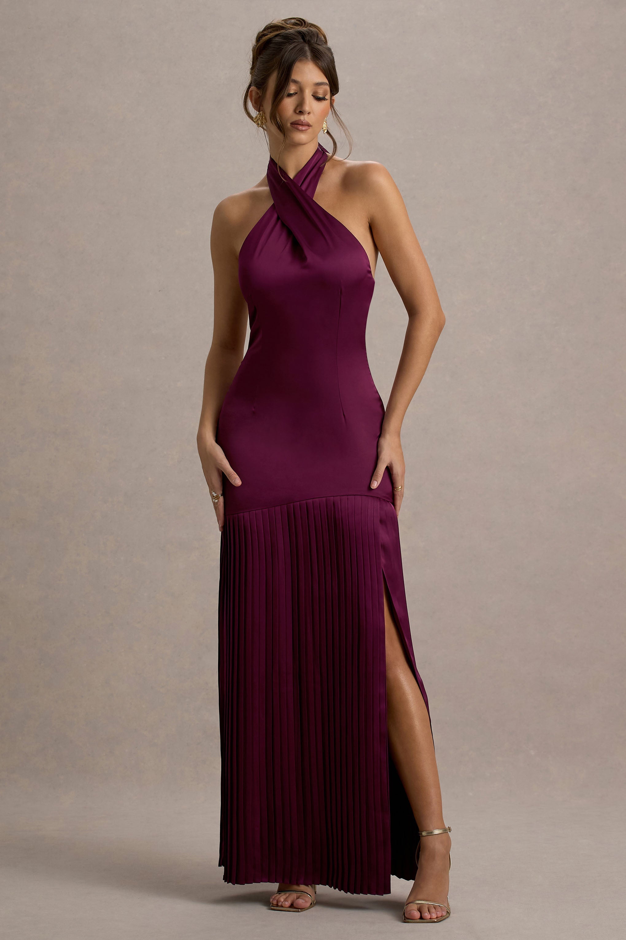 Sansa | Burgundy Satin Cross Halter-Neck Plisse Maxi Dress