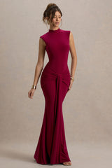 Graziana | Dark Cherry High-Neck Gathered Draped Maxi Dress
