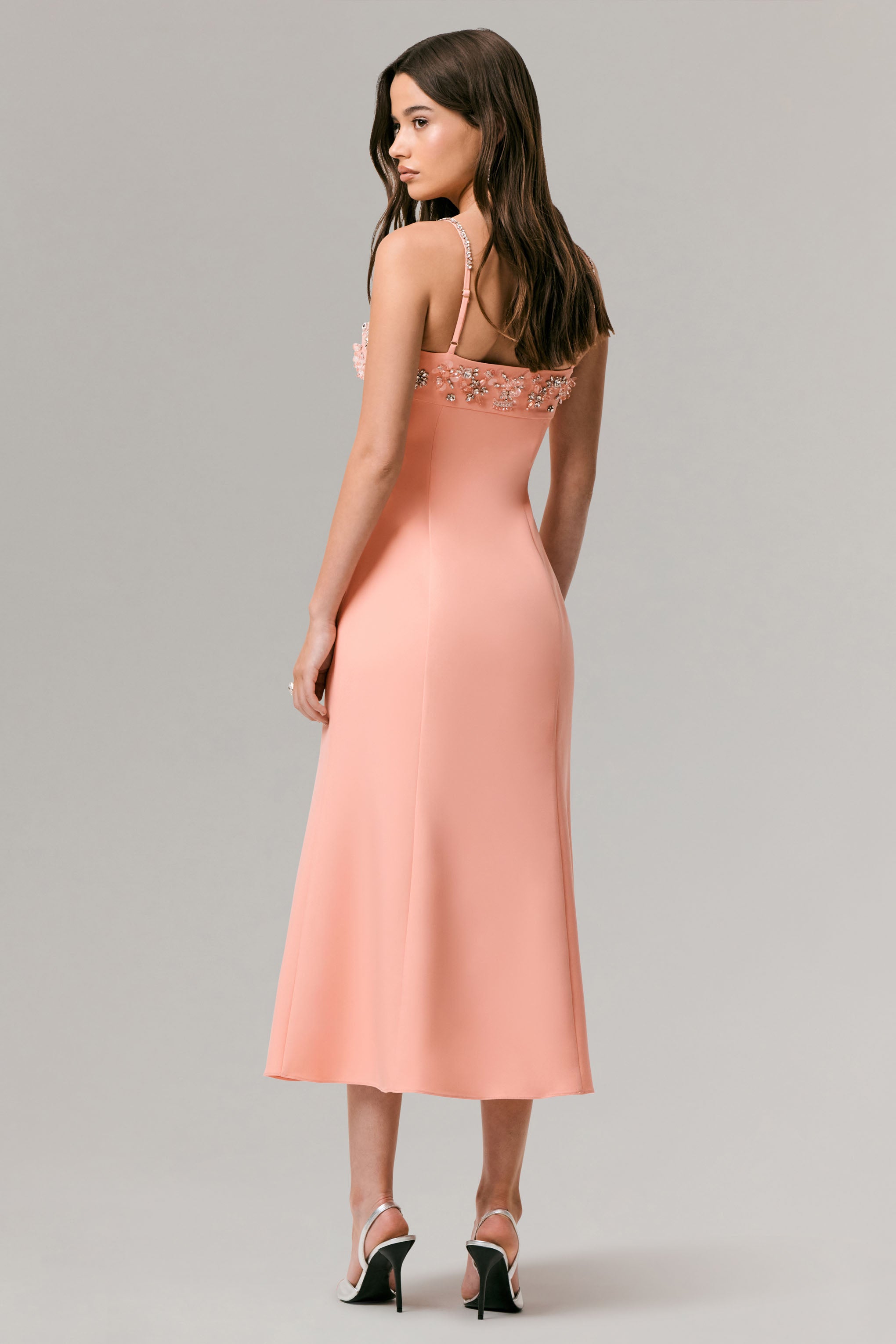 One To Remember | Coral Square-Neck Embellished Midi Dress