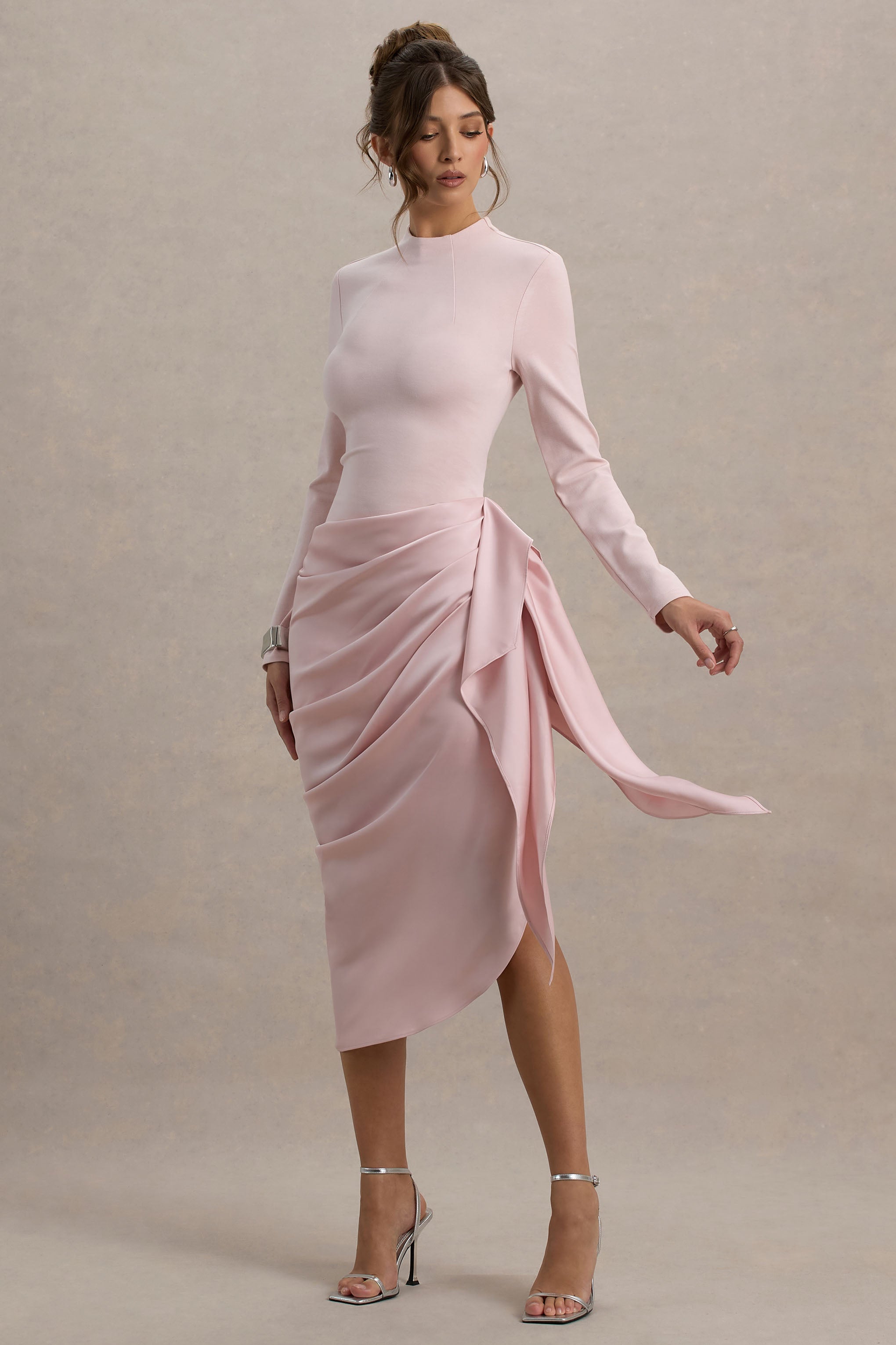 Raffie | Pink Long-Sleeve Midi Dress With Satin Wrap Skirt