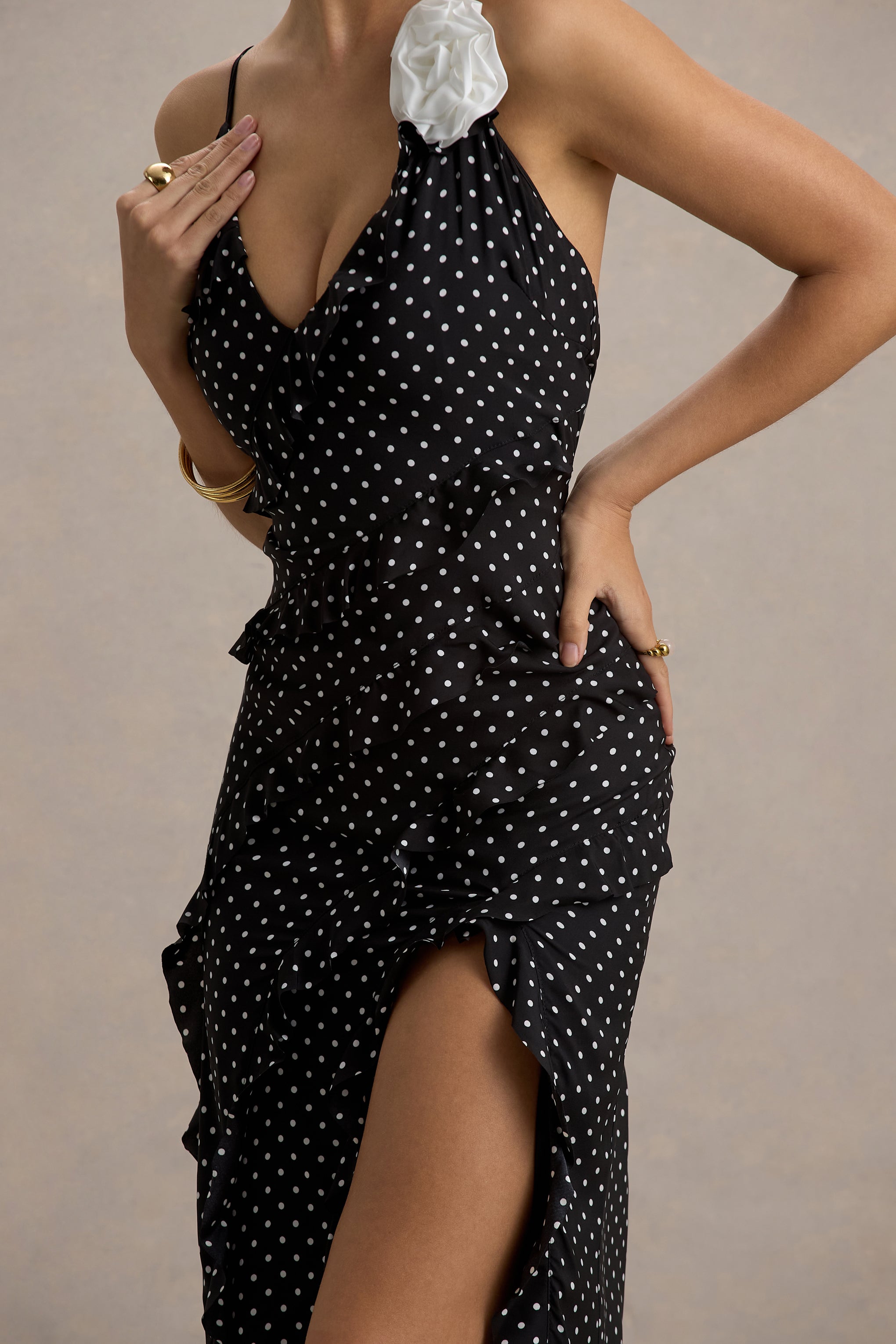 Annabelle | Black Polka Dot Ruffled Maxi Dress With Corsage