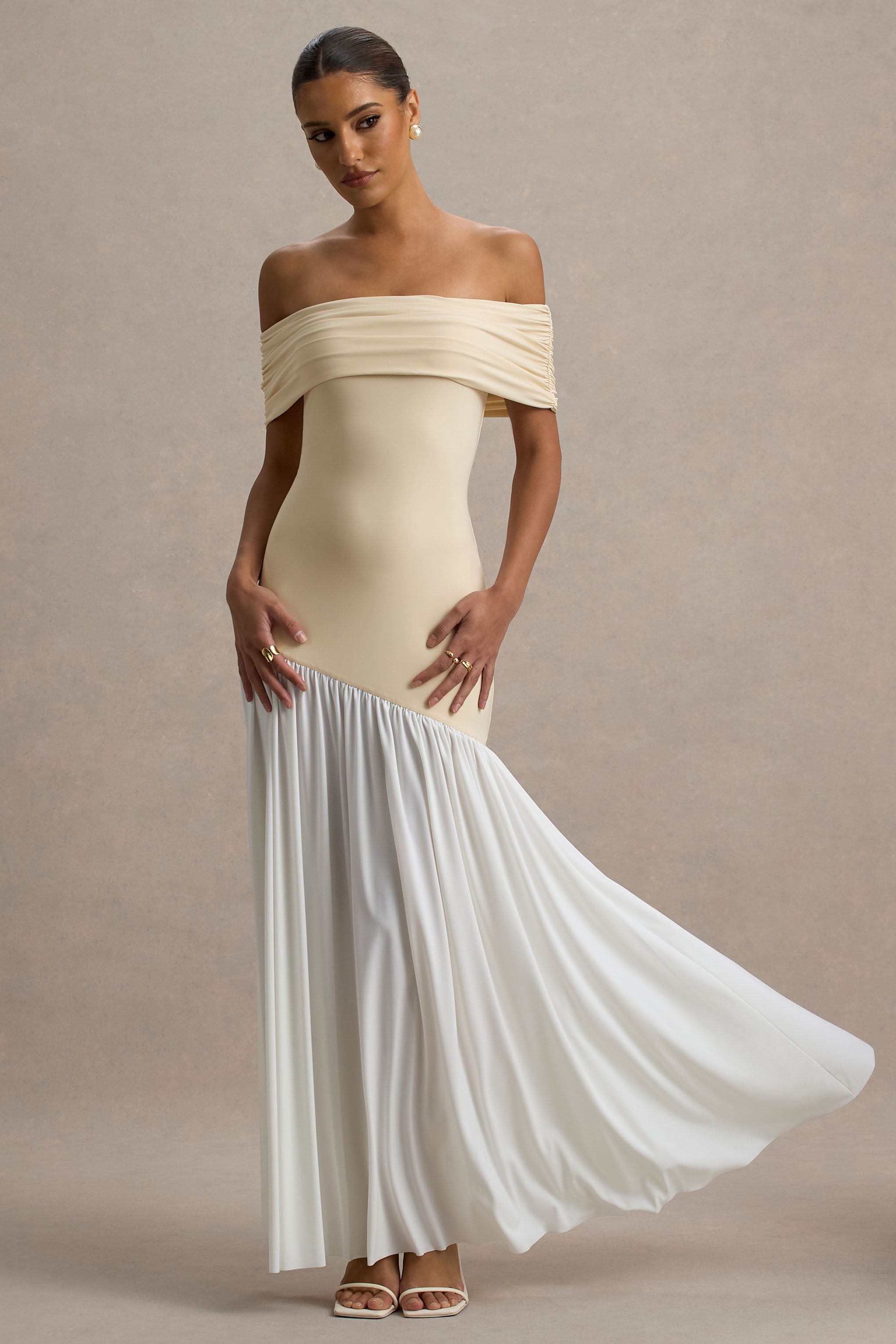 Venezia | Stone & White Bardot Puff-Skirt Maxi Dress