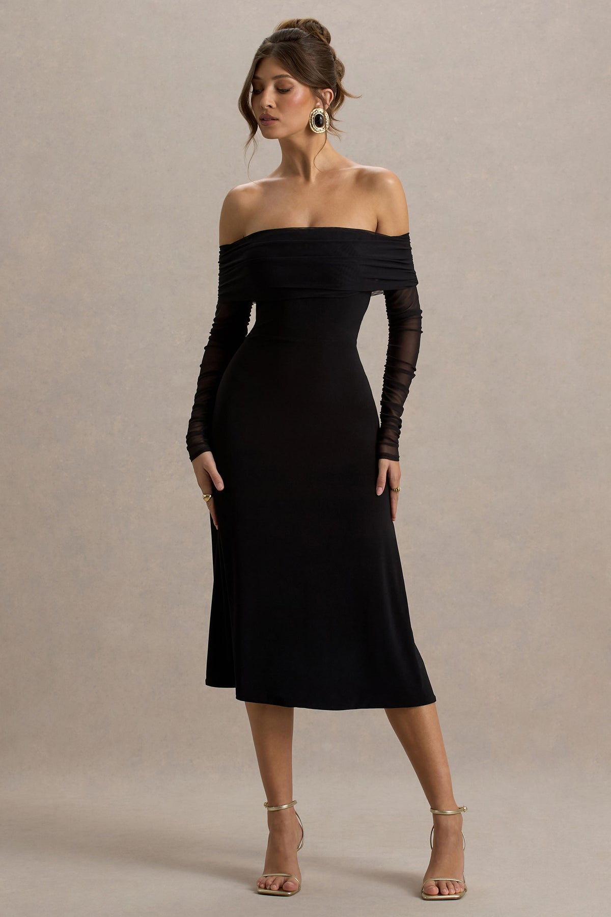 Flatter Me | Black Bardot Midi Dress With Mesh Sleeves