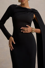 Frances | Black High-Neck Maxi Dress With Cape Detail