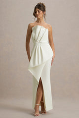 Dreamy Whispers | Cream Strapless Ruffle Split Maxi Dress