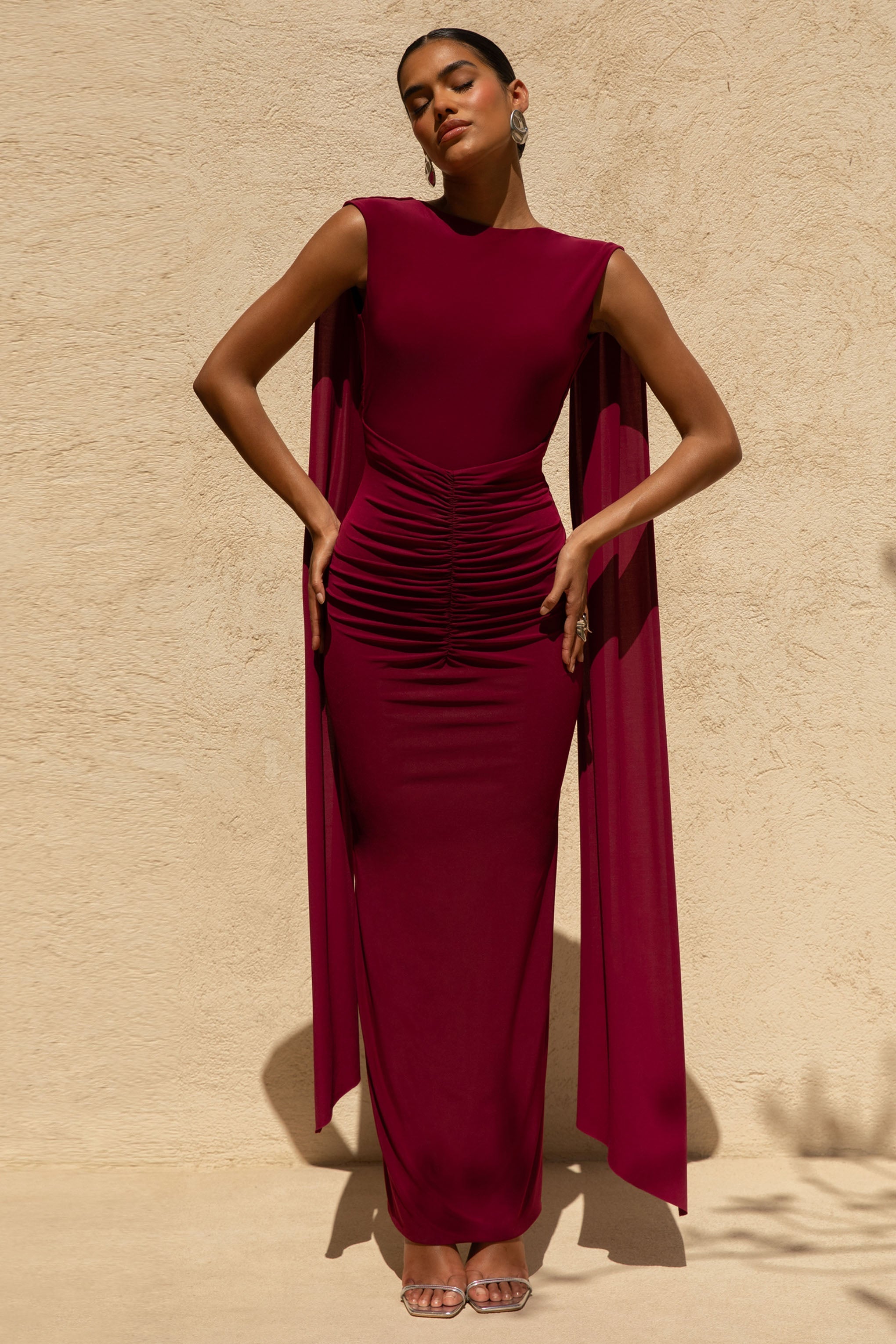 Saige | Burgundy Cap-Sleeve Gathered Maxi Dress