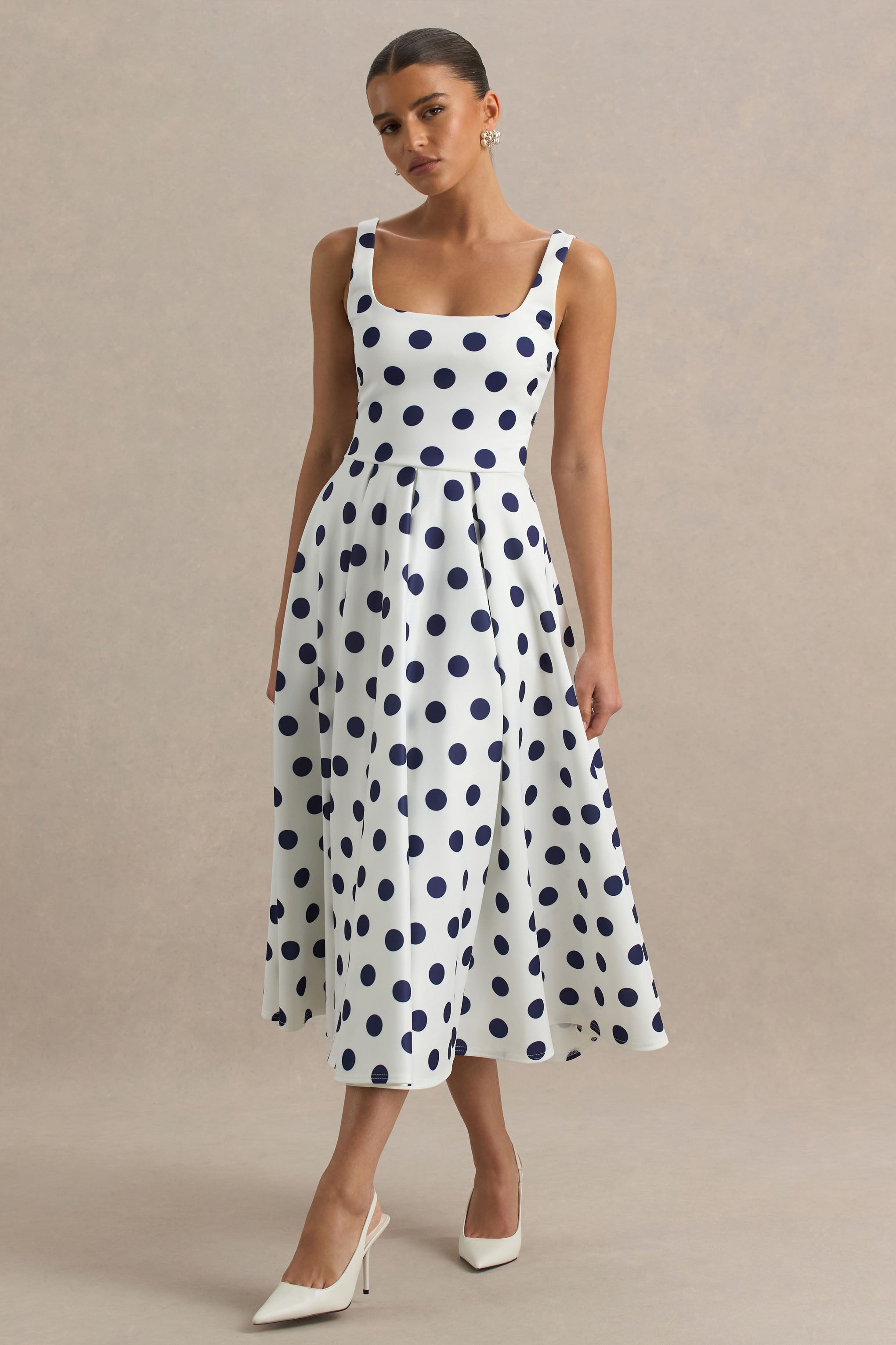 Berta | White And Navy Polka-Dot Square-Neck Midi Dress