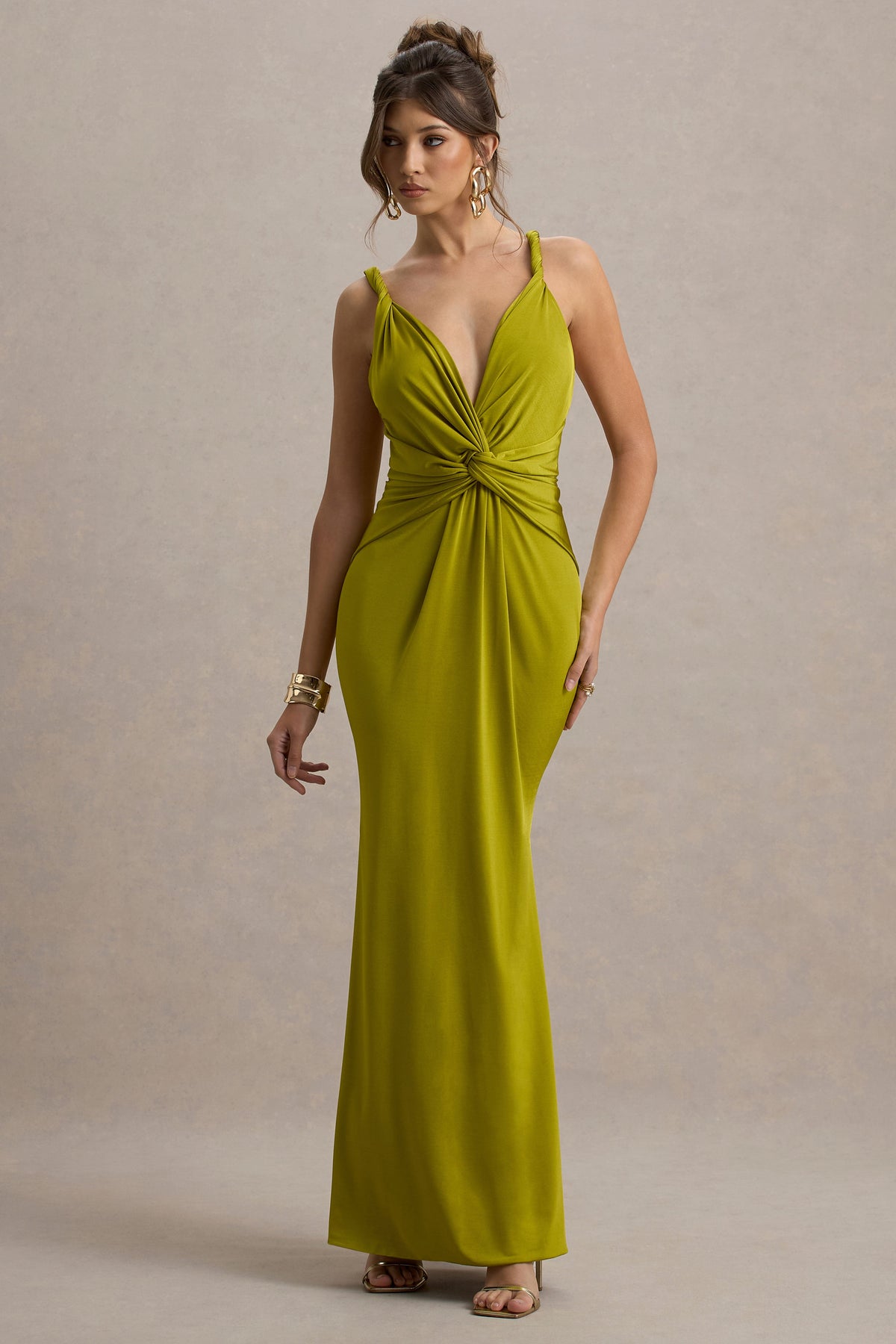 Santez | Green Twisted Plunge-Neck Maxi Dress