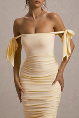 Citrus | Pale Lemon Bardot Bodycon Midi Dress With Bow Sleeves